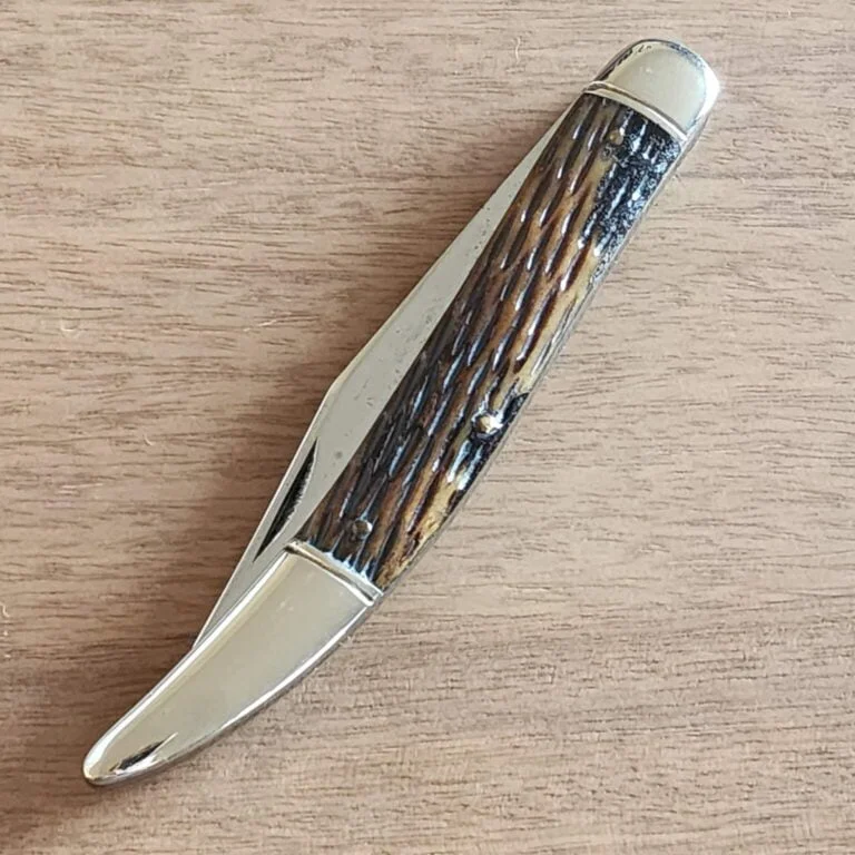 Shapleigh Hardware Diamond Edge Toothpick in Brown Peachseed Jigged Bone Vintage knives for sale