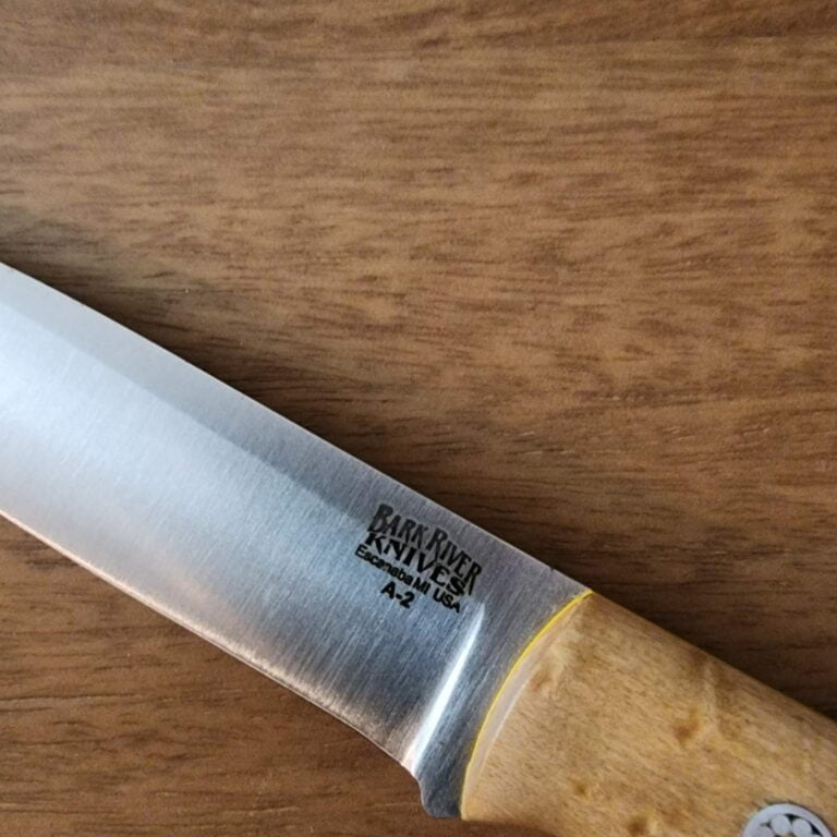 Bark River Aurora Natural Curly Maple With Yellow Liner Mosaic knives for sale