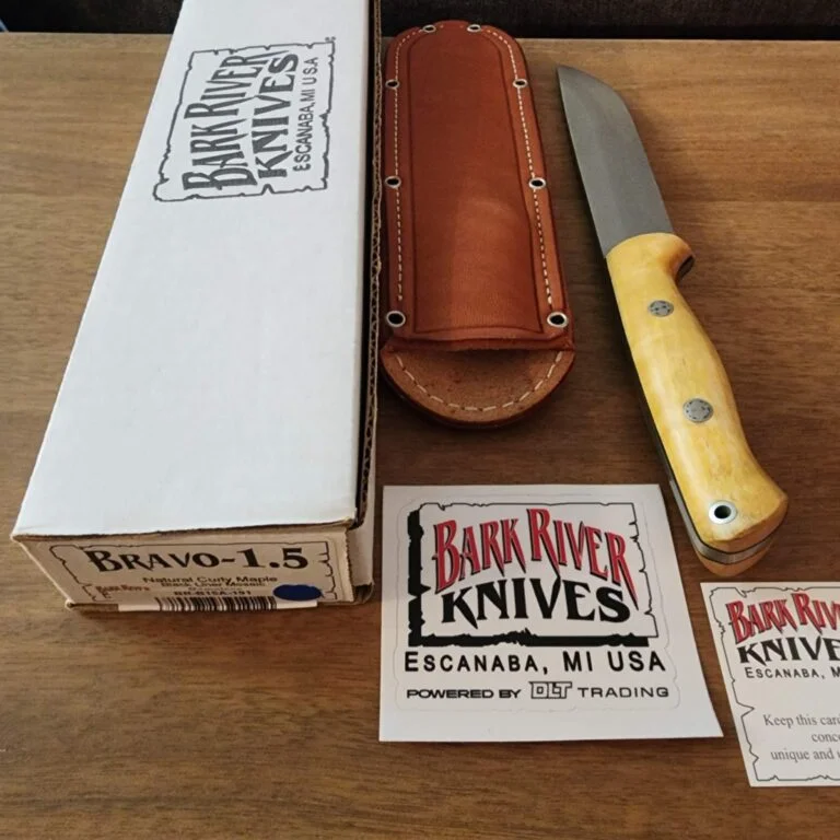 Bark River Bravo 1.5 Natural Curly Maple With Black Liner Mosaic knives for sale