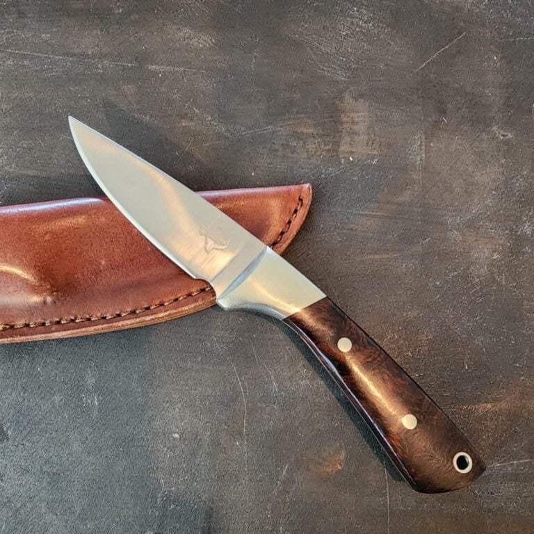 Texas Custom Burl Fixed Blade in Leather Sheath knives for sale