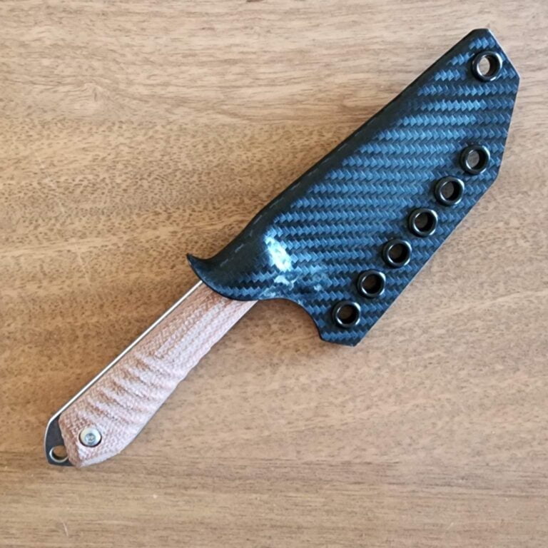 Sactapbang EDC F4 fixed blade 14C28N, brown micarta scales, custom kydex sheath by Armatus knives for sale