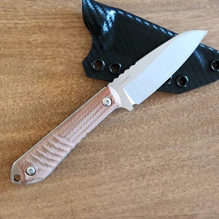 Sactapbang EDC F4 fixed blade 14C28N, brown micarta scales, custom kydex sheath by Armatus knives for sale