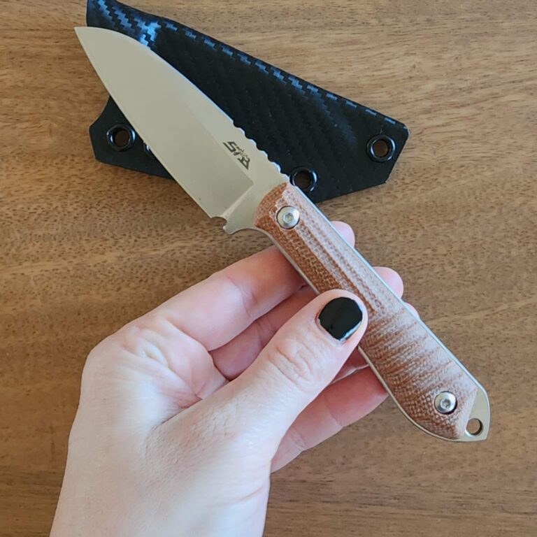 Sactapbang EDC F4 fixed blade 14C28N, brown micarta scales, custom kydex sheath by Armatus knives for sale