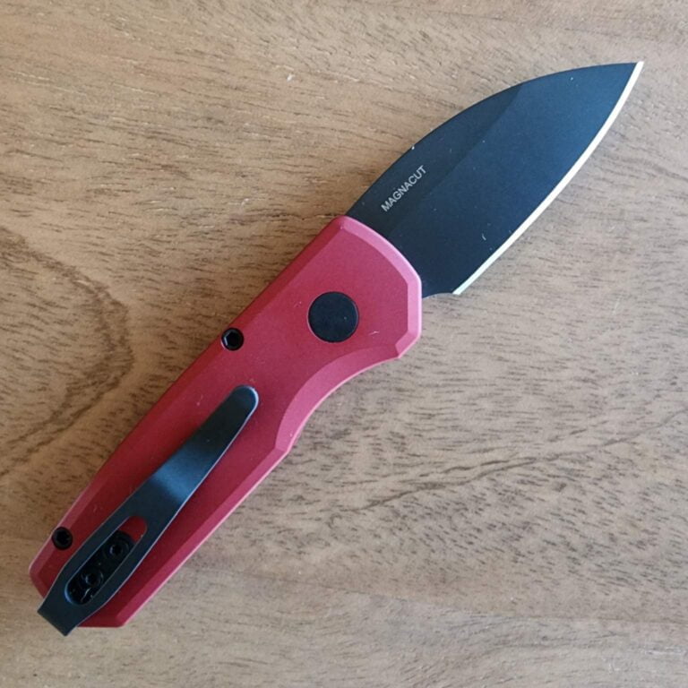 Protech r5303-red runt 5 Solid Red Handle, DLC Black Magnacut Wharncliffe Blade knives for sale