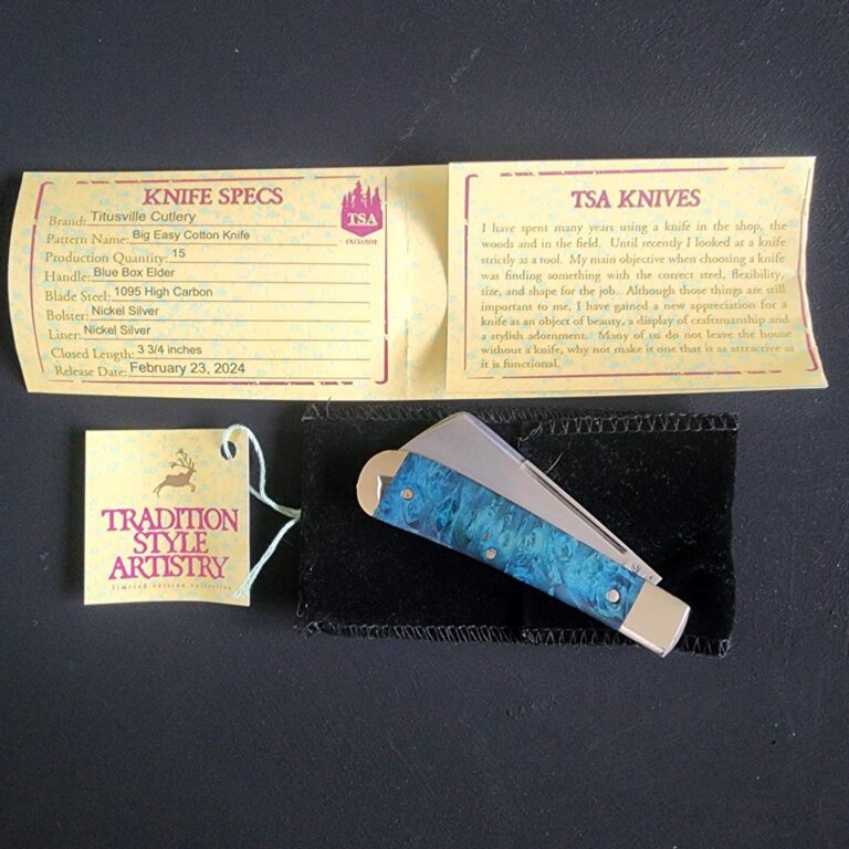 Titusville Big Easy Cotton Sampler Blue Boxelder Shadow Pattern 1095 Carbon W/ Long Pull 1 of 15 knives for sale