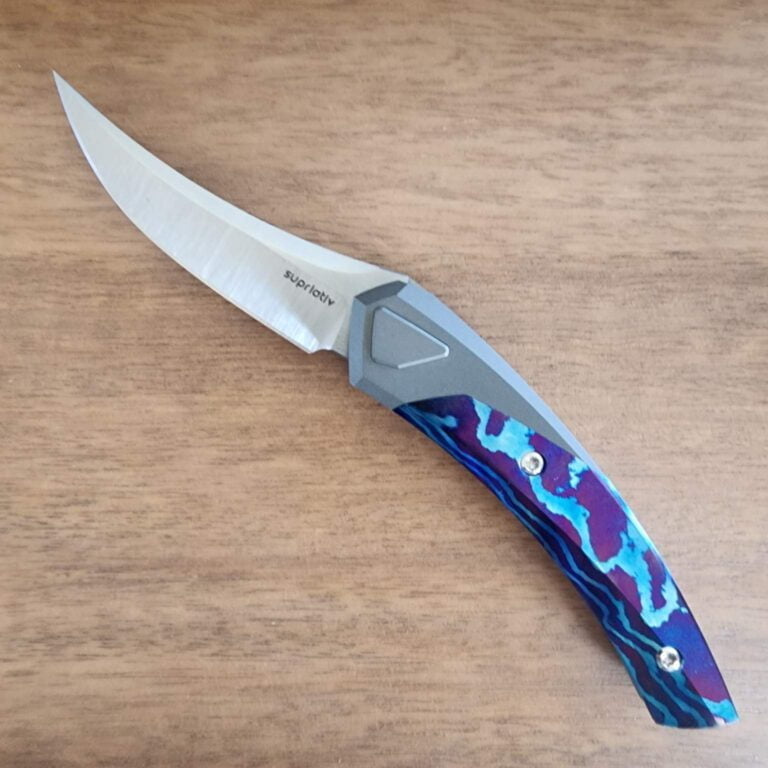 Suprlativ Piranha in Titanium Dark Blast/ Mokuti and M4 Belt Satin knives for sale