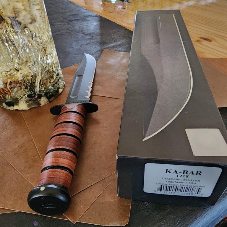 KaBar USMC 1218 Brown Stacked Leather, Partially Serrated knives for sale