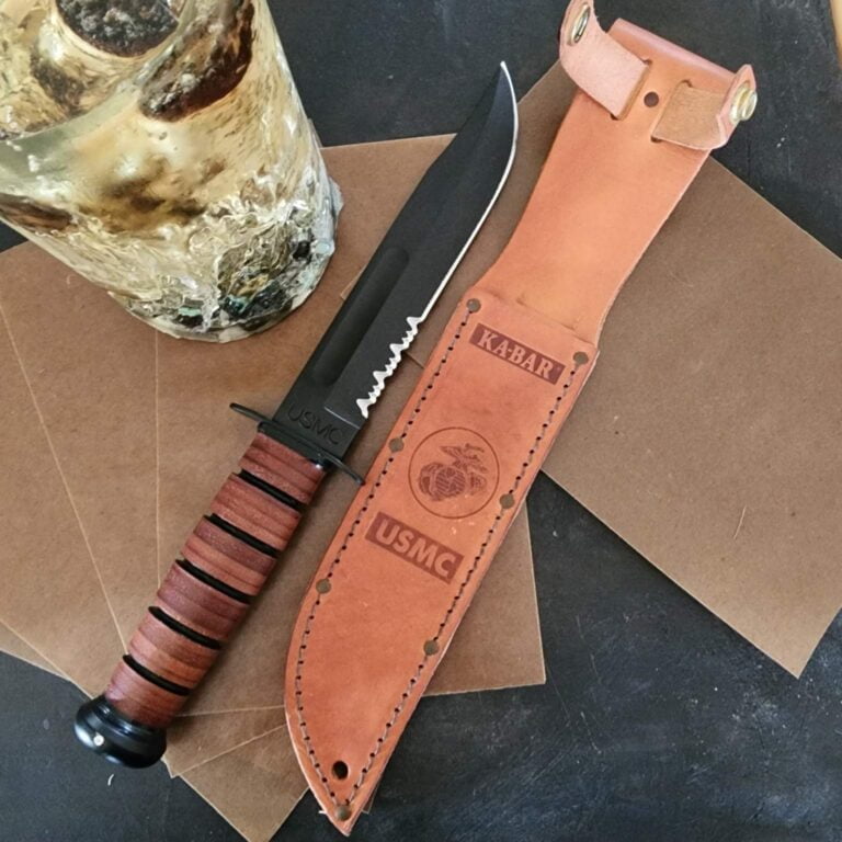KaBar USMC 1218 Brown Stacked Leather, Partially Serrated knives for sale