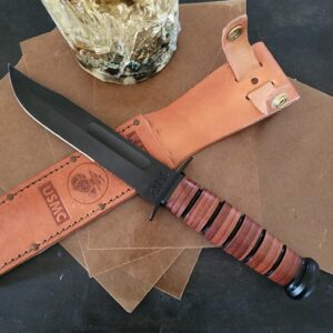 KaBar USMC 1218 Brown Stacked Leather, Partially Serrated knives for sale