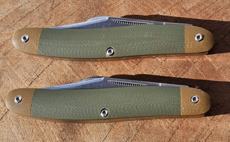Pair of Rough Rider RR2147 Classic G10 Stockman knives with Satin finish blades and matchstrike pulls in Green & Tan G10 knives for sale