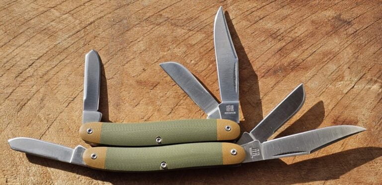 Pair of Rough Rider RR2147 Classic G10 Stockman knives with Satin finish blades and matchstrike pulls in Green & Tan G10 knives for sale