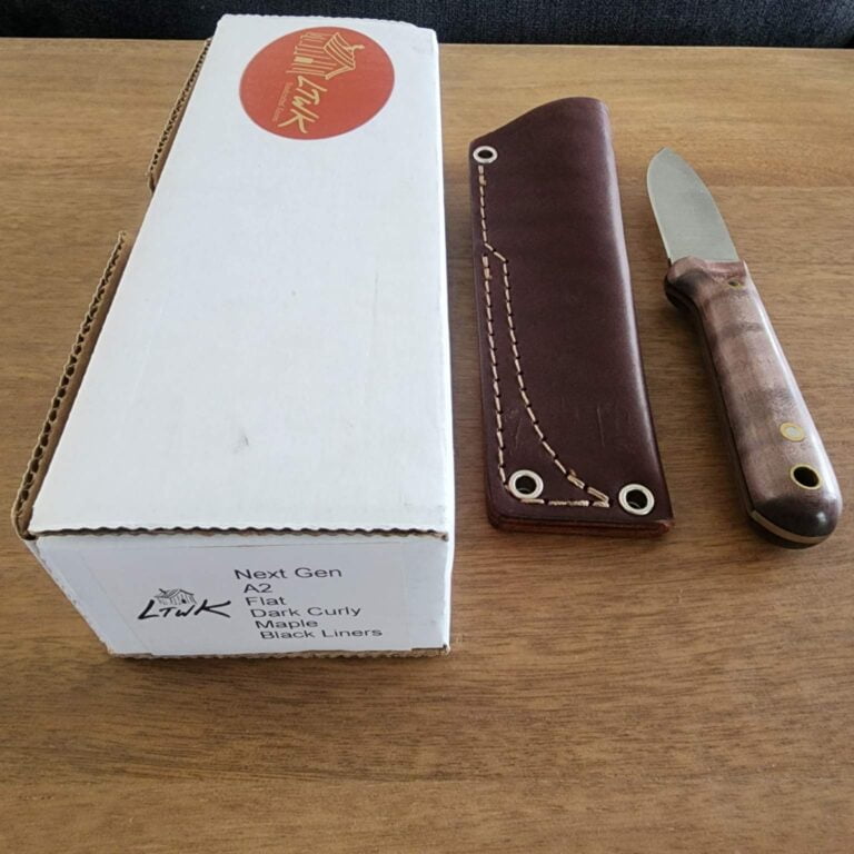 L.T. Wright Hand Crafted Knives Next Gen A2 Flat Dark Curly Maple Black Liners knives for sale