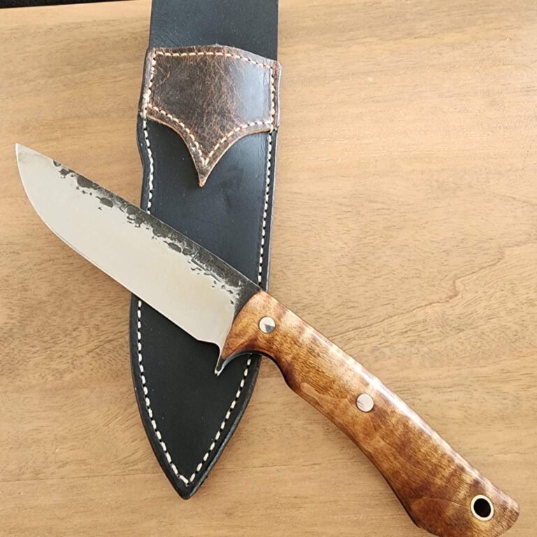 Lon Humphrey's Hand Forged Delta in 52100 and Dark Curly Maple with Black Liners knives for sale