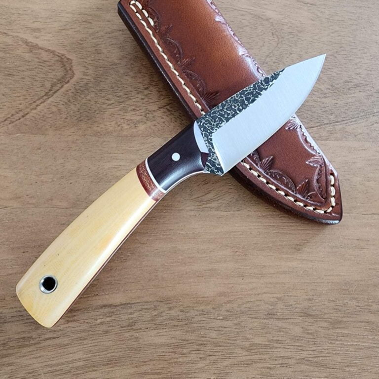 Warlander Enterprises Bush Baby in A2 splatted finish Blade with Maroon Linen Bolsters, Freckled Bone Linen Liner, with White and Ruby Pinstripe knives for sale