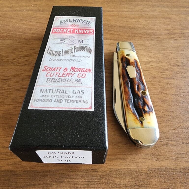 Schatt & Morgan Stag 69 Pattern in 1095 Carbon Steel knives for sale