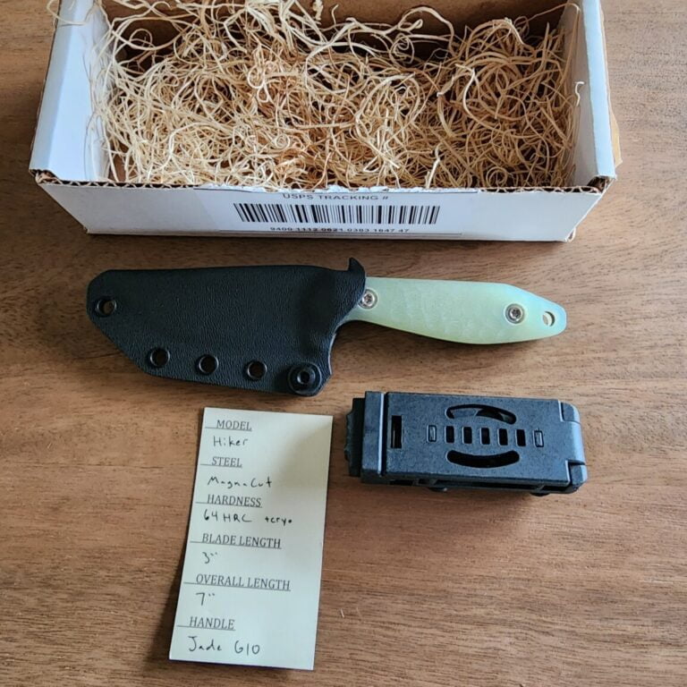 Terra Knives Hiker Drop-point, magnacut 64hrc with jade/natural g10 handles, kydex sheath, and tek-lok  belt attachment knives for sale