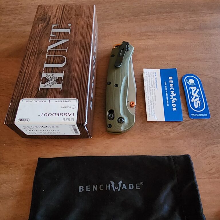 Benchmade Taggedout Folding Knife 15536 CPM-S45VN Satin Clip Point Plain Blade, OD Green G-10 Handle knives for sale