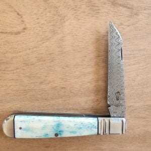 K'Roo Custom Damasteel Fancy Jack Dyed Bone Created April 2024 by W. O'Kelly knives for sale