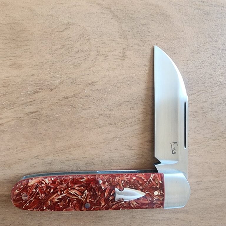 K'Roo Custom Hollow Ground Sleeveboard Wharncliffe in Red Seed Husk Resin Created April 2024 by W. O'Kelly knives for sale