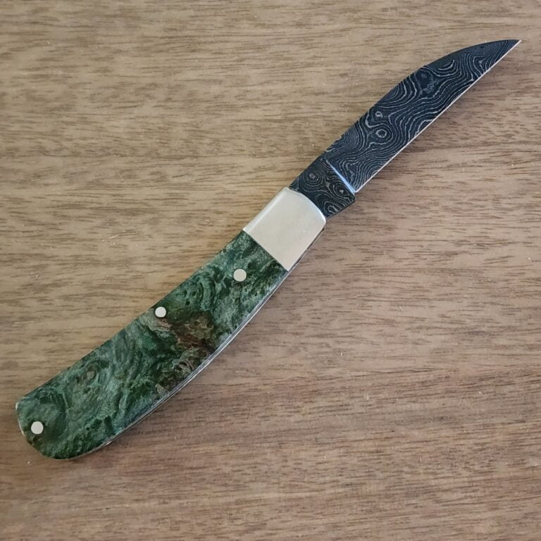 Tuna Valley Pheonix Jack Green Maple Burl w/ Damascus knives for sale