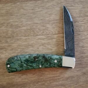 Tuna Valley Pheonix Jack Green Maple Burl w/ Damascus knives for sale