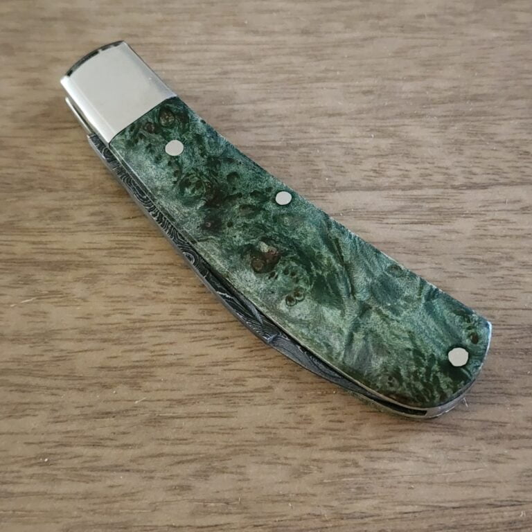 Tuna Valley Pheonix Jack Green Maple Burl w/ Damascus knives for sale