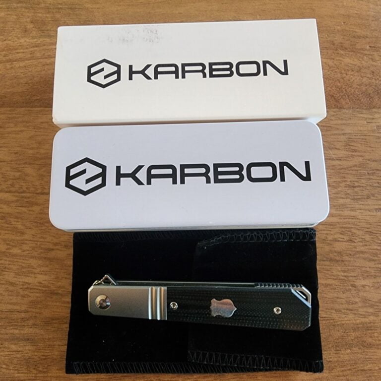 Karbon Knives By Ken Onion Flatline Frame Lock in 154CM Stainless and Black G10 knives for sale