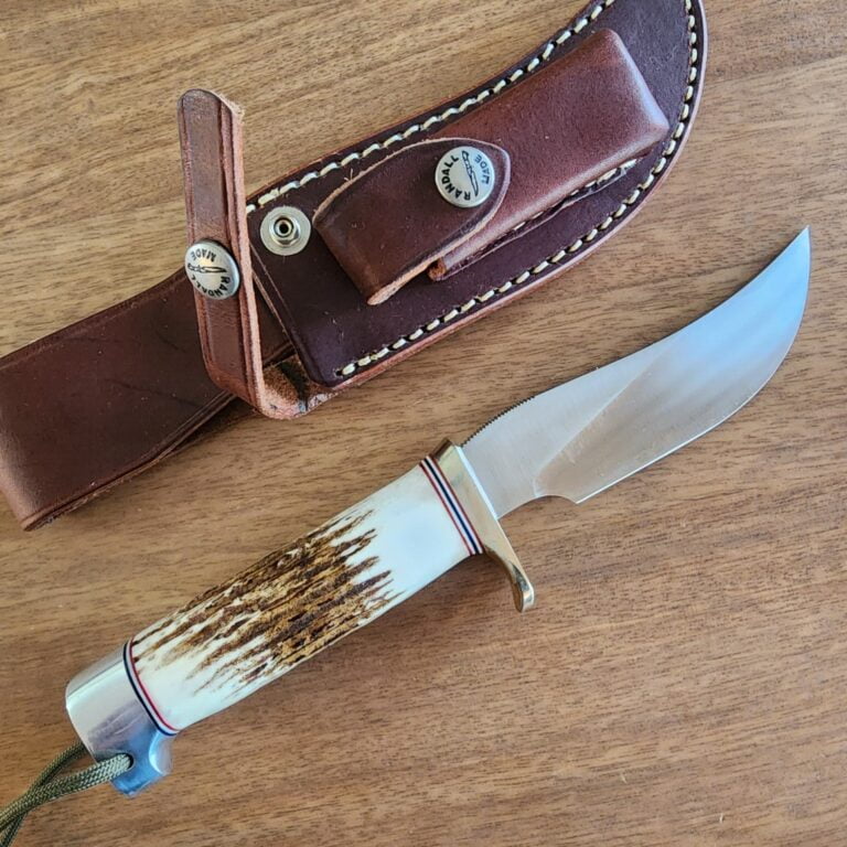 Randall Made Model 22-4 5/8 Outdoorsman in Stainless Steel W/ Nickel silver hilt, Stag handle, and crow's beak aluminum butt cap. knives for sale