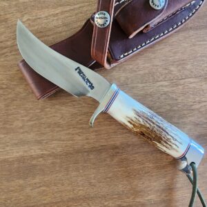Randall Made Model 22-4 5/8 Outdoorsman in Stainless Steel W/ Nickel silver hilt, Stag handle, and crow's beak aluminum butt cap. knives for sale