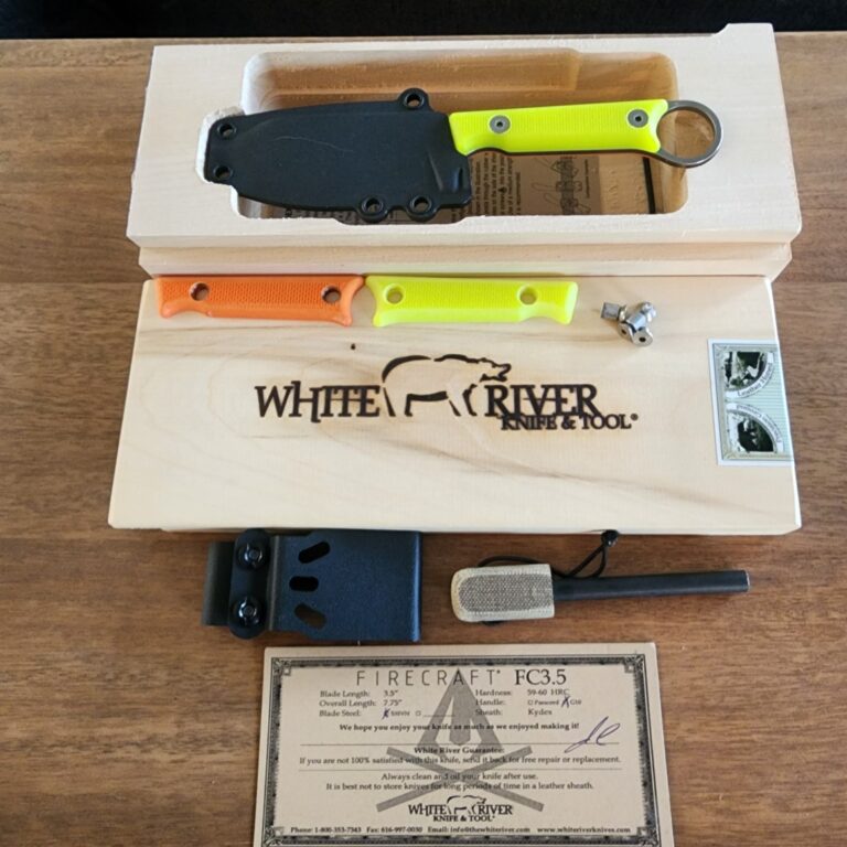 White River Knives Firecraft 3.5 Pro in S35VN W/ 2 sets of g10 handles hi-vis yellow & hi-vis orange, currently mixed and matched knives for sale