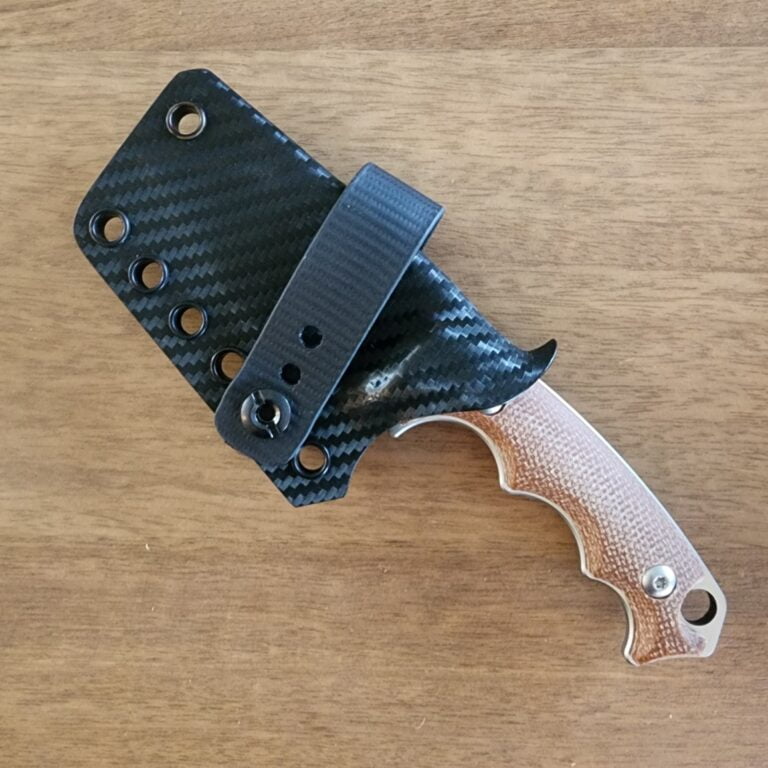 Sactapbang EDC Fixed Blade in 14C28N w/ 3d natural micarta handles and Custom Armatus Carry Solutions Sheath in carbon fiber style kydex knives for sale