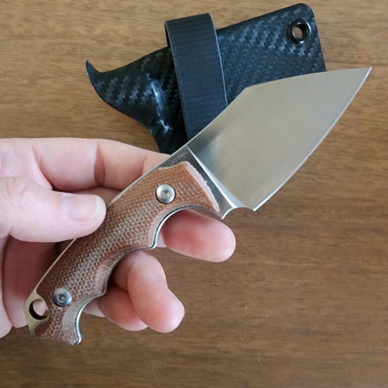 Sactapbang EDC Fixed Blade in 14C28N w/ 3d natural micarta handles and Custom Armatus Carry Solutions Sheath in carbon fiber style kydex knives for sale