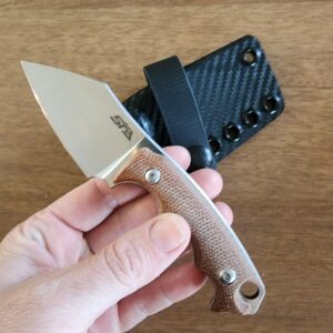 Sactapbang EDC Fixed Blade in 14C28N w/ 3d natural micarta handles and Custom Armatus Carry Solutions Sheath in carbon fiber style kydex knives for sale