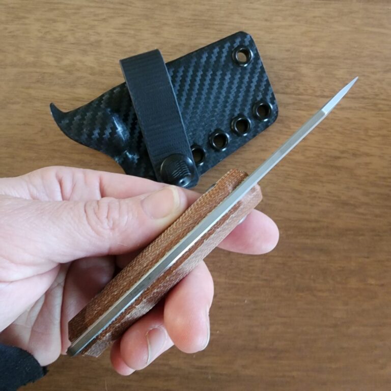 Sactapbang EDC Fixed Blade in 14C28N w/ 3d natural micarta handles and Custom Armatus Carry Solutions Sheath in carbon fiber style kydex knives for sale