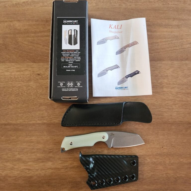 Mercury Knives Kali in N690Co w/ natural g10 handles. Includes leather pocket sheath & custom Armatas Carry Solutions Sheath in carbon fiber style kydex knives for sale