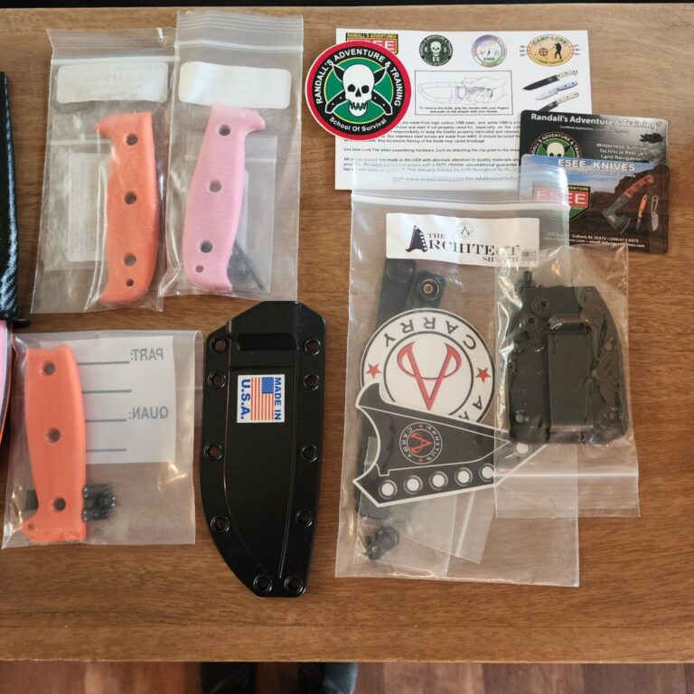 ESEE 4 in S35VN w/ 3 sets of g10 handles & hardware pink & orange. Custom Armatus Carry Solutions Sheath in carbon fiber style kydex included. knives for sale