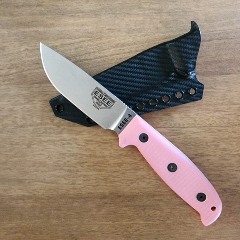 ESEE 4 in S35VN w/ 3 sets of g10 handles & hardware pink & orange. Custom Armatus Carry Solutions Sheath in carbon fiber style kydex included. knives for sale