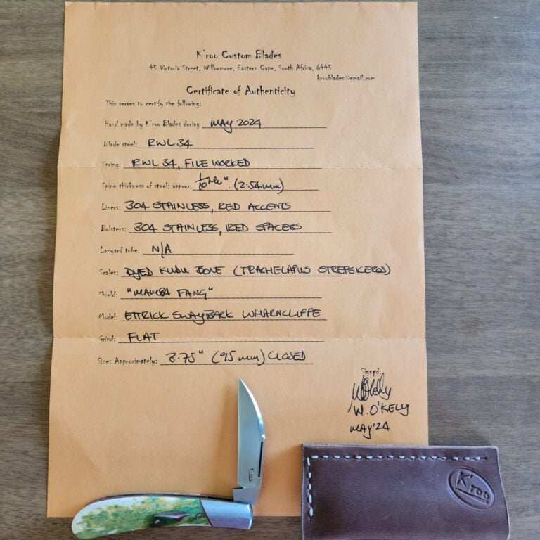 K'Roo Custom Ettrick Swayback Wharncliffe in Dyed Kudu Bone Created May 2024 by W. O'Kelly knives for sale