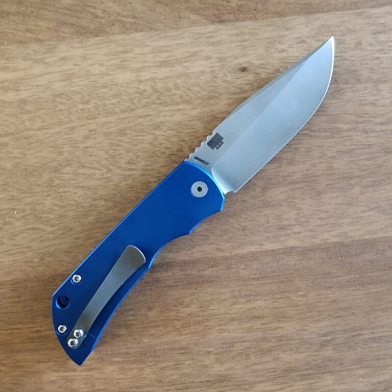 McNees PM Mac 2 3.5" Push Button Opening Knife in Blue Anodized Aluminum and MagnaCut Blade knives for sale