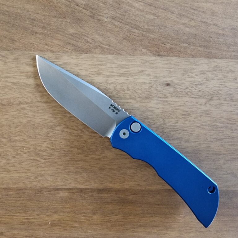 McNees PM Mac 2 3.5" Push Button Opening Knife in Blue Anodized Aluminum and MagnaCut Blade knives for sale