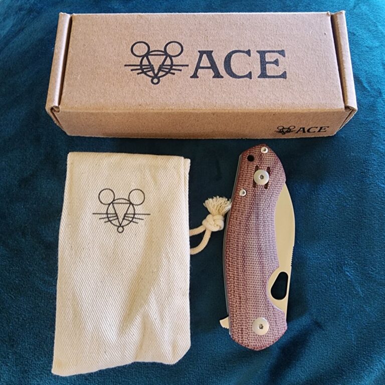 Giant Mouse ACE Biblio Red Canvas Micarta Discounted "Rescue Mouse" knives for sale