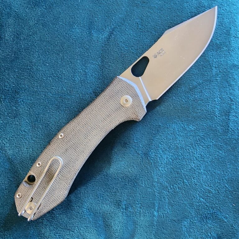 Giant Mouse ACE Grand in Green Canvas Micarta and M390 Discounted "Rescue Mouse" knives for sale