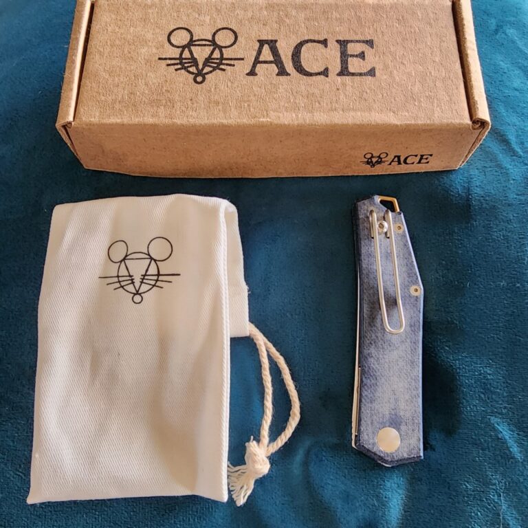 Giant Mouse ACE Denim Micarta Clyde with Brass Backspacer Discounted "Rescue Mouse" knives for sale