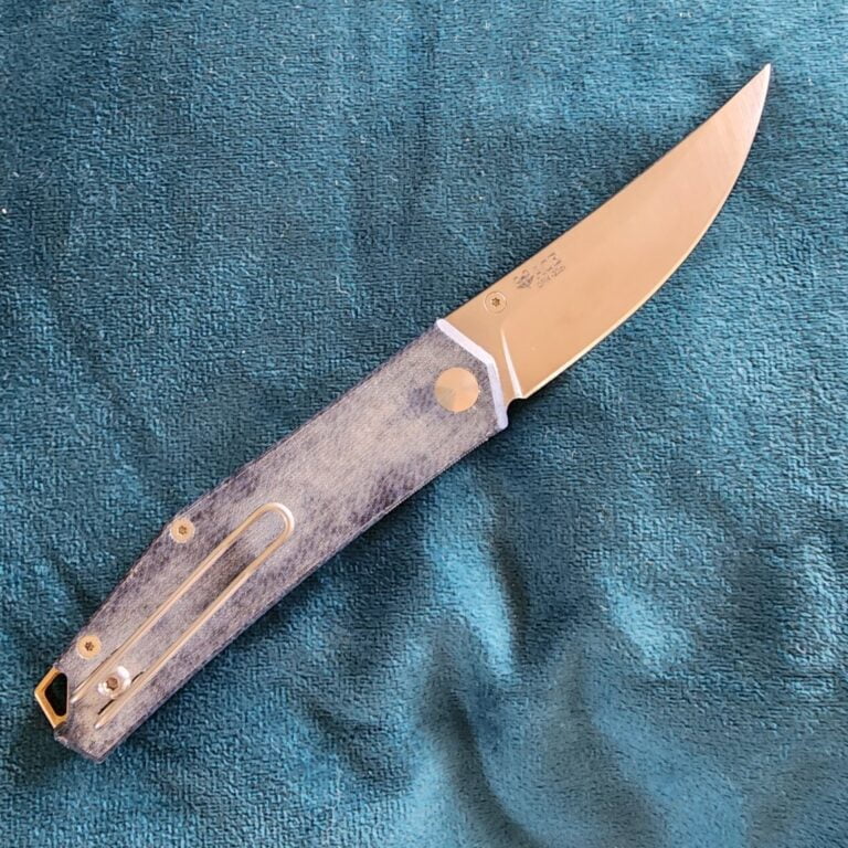 Giant Mouse ACE Denim Micarta Clyde with Brass Backspacer Discounted "Rescue Mouse" knives for sale