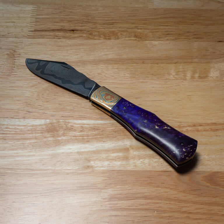 Excelsior Knife Co. TSA Exclusive Indigo Moon Box Elder Mokume Bolster Damascus Folder 1 of 1 Designed By Chuck Hawes knives for sale