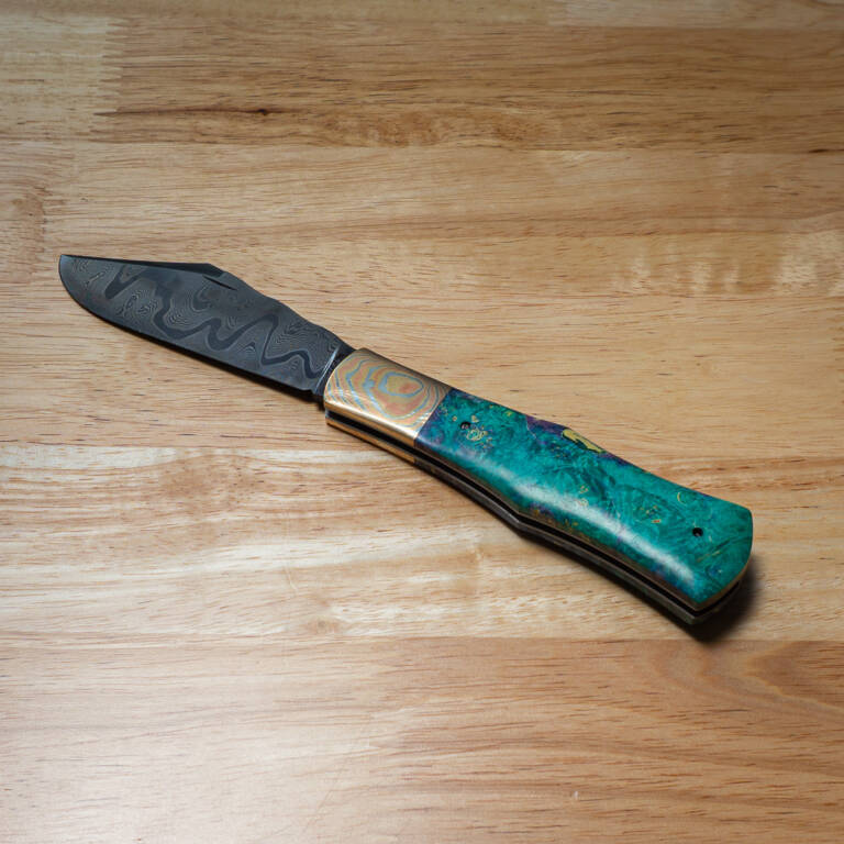 Excelsior Knife Co. TSA Exclusive Indigo Moon Box Elder Mokume Bolster Damascus Folder 1 of 1 Designed By Chuck Hawes knives for sale