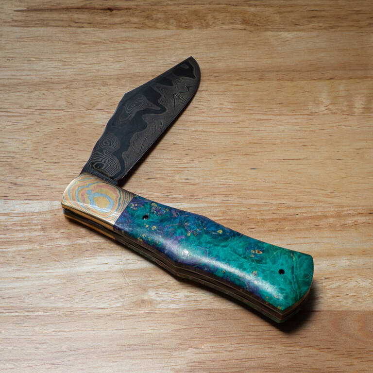 Excelsior Knife Co. TSA Exclusive Indigo Moon Box Elder Mokume Bolster Damascus Folder 1 of 1 Designed By Chuck Hawes knives for sale