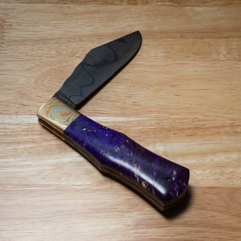 Excelsior Knife Co. TSA Exclusive Indigo Moon Box Elder Mokume Bolster Damascus Folder 1 of 1 Designed By Chuck Hawes knives for sale