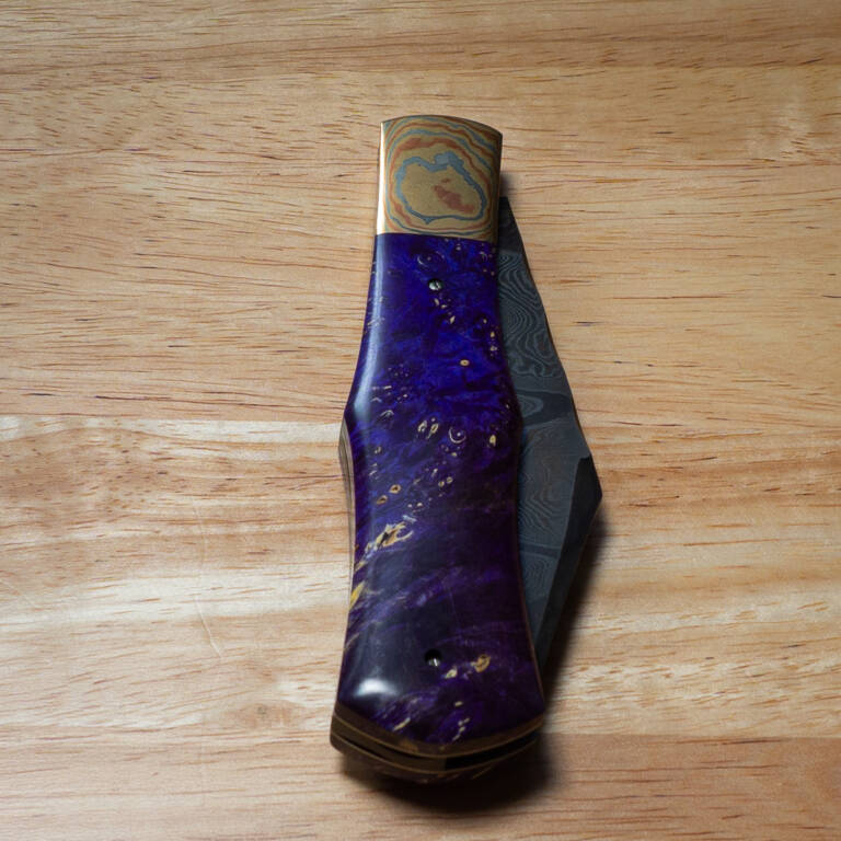 Excelsior Knife Co. TSA Exclusive Indigo Moon Box Elder Mokume Bolster Damascus Folder 1 of 1 Designed By Chuck Hawes knives for sale