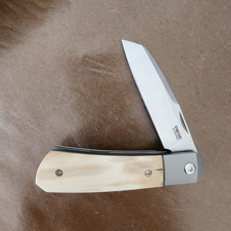 Pena Apache Front Flipper in Burlap Micarta and M390 with additional Custom Scales. knives for sale